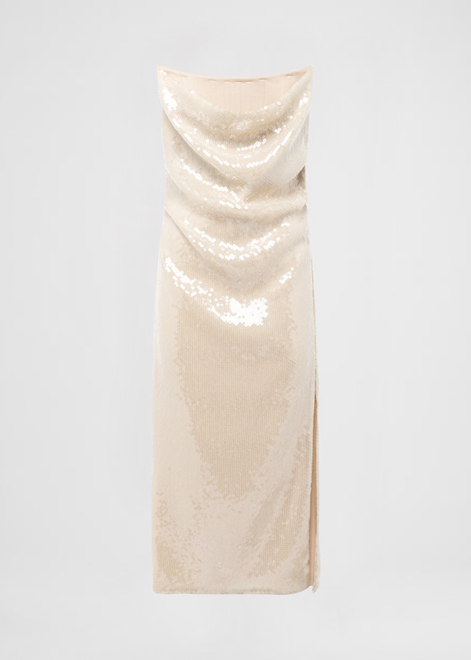 DEL CORE: BUSTIER DRAPED SEQUIN DRESS WITHTOPSTITCH CORSET AND SPLIT ON THE SIDE