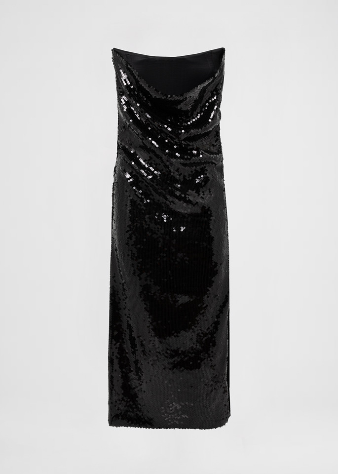 DEL CORE: BUSTIER DRAPED SEQUIN DRESS WITHTOPSTITCH CORSET AND SPLIT ON THE SIDE
