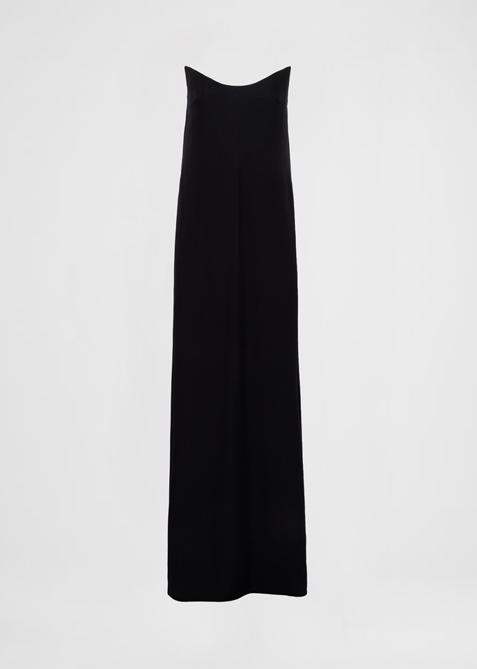 DEL CORE: ABITO BUSTIER IN ENVERS SATIN CON FIT DRITTO E ARRICCIATURA SUL DIETRO