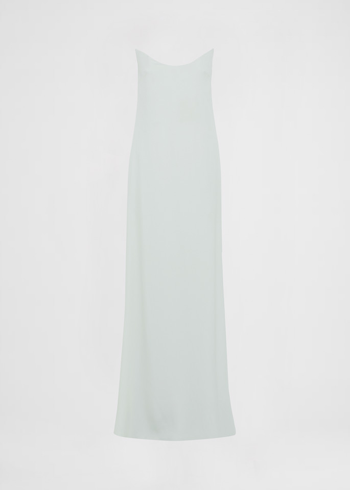 DEL CORE: ABITO BUSTIER IN ENVERS SATIN CON FIT DRITTO E DETTAGLI DI ARRICCIO SUL RETRO