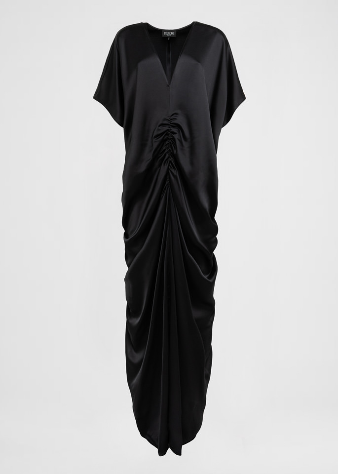DEL CORE: ABITO CAFTANO IN ENVERS SATIN CON SCOLLATURA A V E DRAPPEGGIO