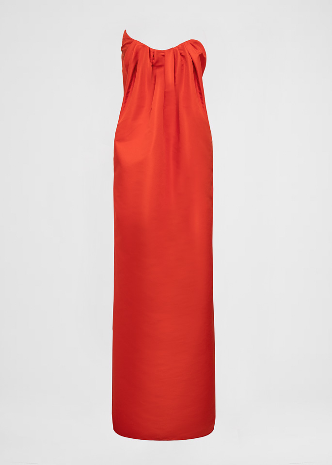 DEL CORE: DRAPED BUSTIER GOWN WITH SCULPTED NECKLINE