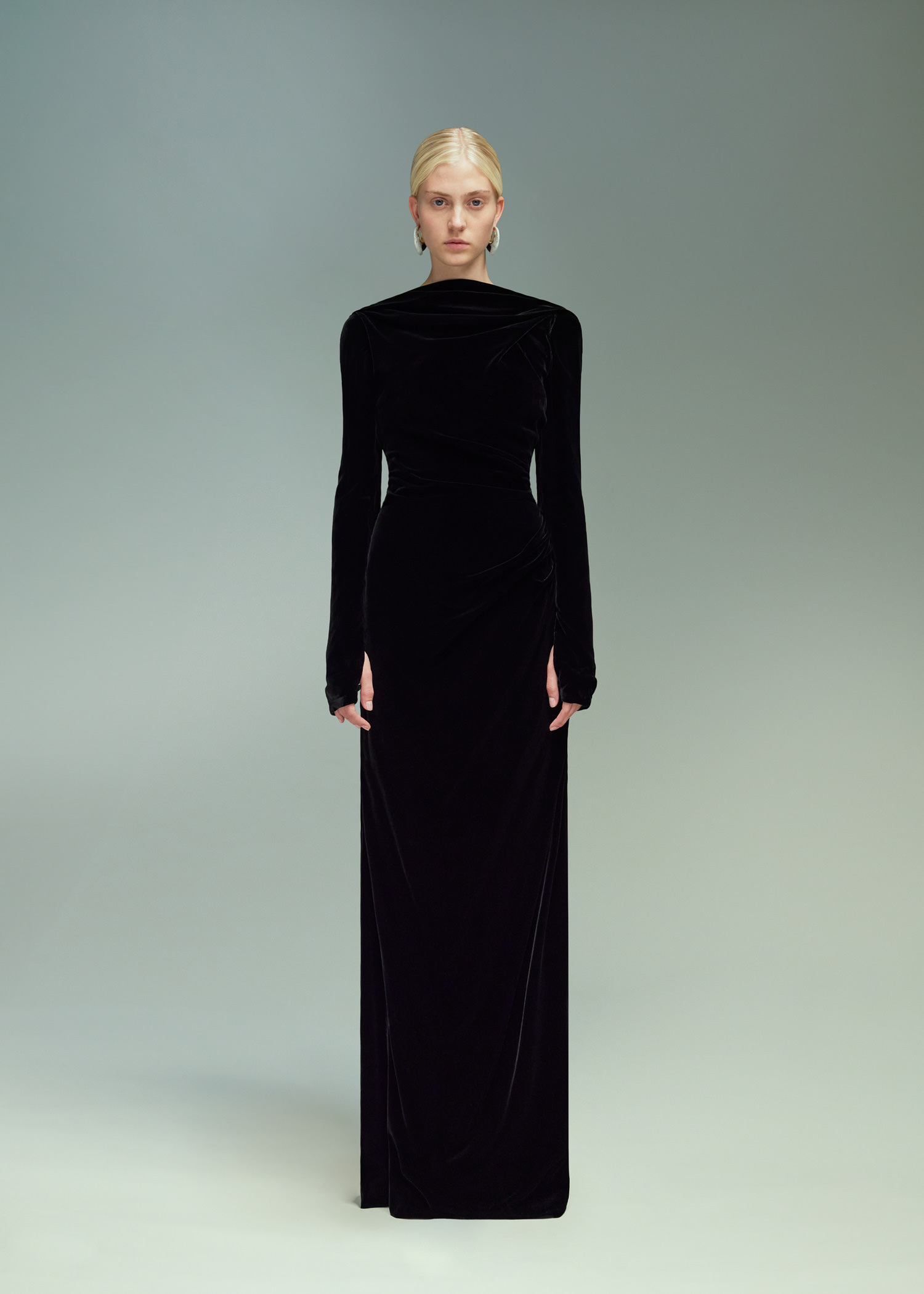 DEL CORE: DRAPED GOWN WITH OPEN BACK AND BOTTOM VENT