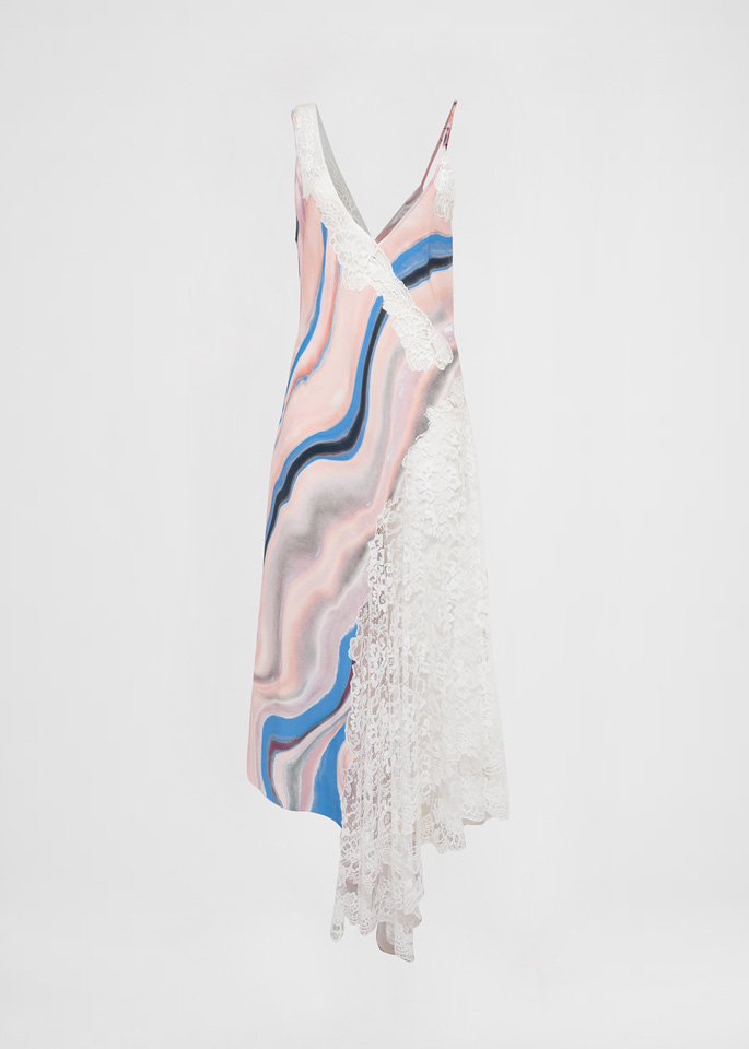 DEL CORE: ABITO LINGERIE ASIMMETRICO IN ENVERS SATIN STAMPATO CON INSERTI IN PIZZO