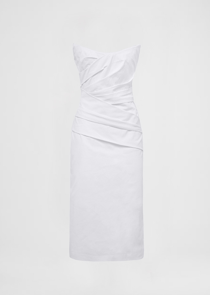 DEL CORE: DRAPED BUSTIER MIDI DRESS WITH SHARP NECKLINE
