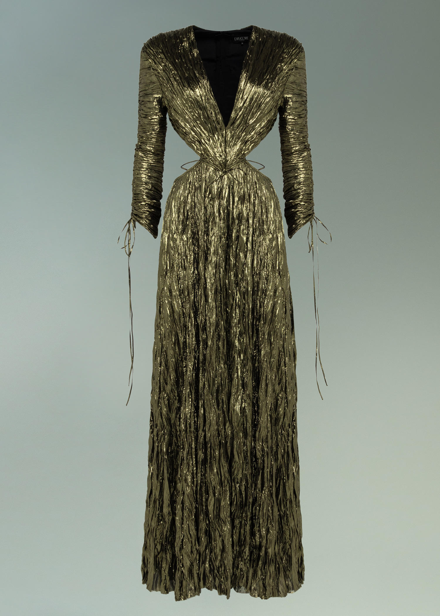DEL CORE: V-NECK PLEATED DRESS WITH LONG SLEEVES AND DRAWSTRING WAIST