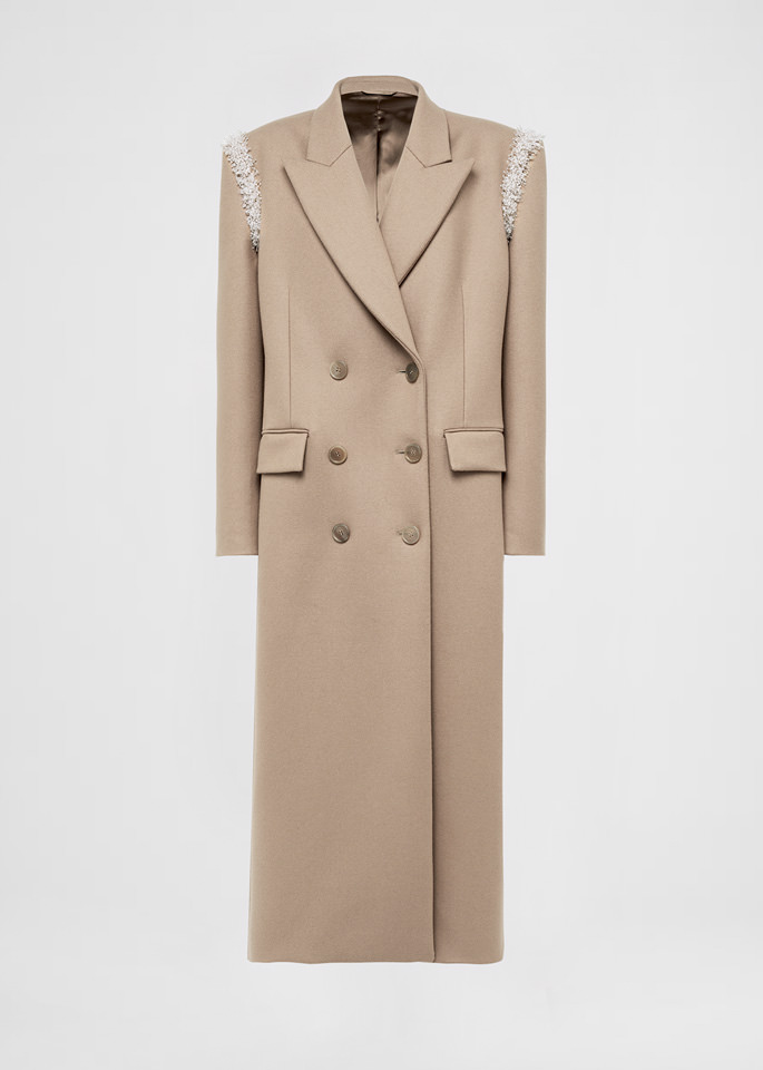 DEL CORE: CAPPOTTO OVERSIZE IN MISTO LANA CON RICAMO CRISTALLI SUL GIROMANICA