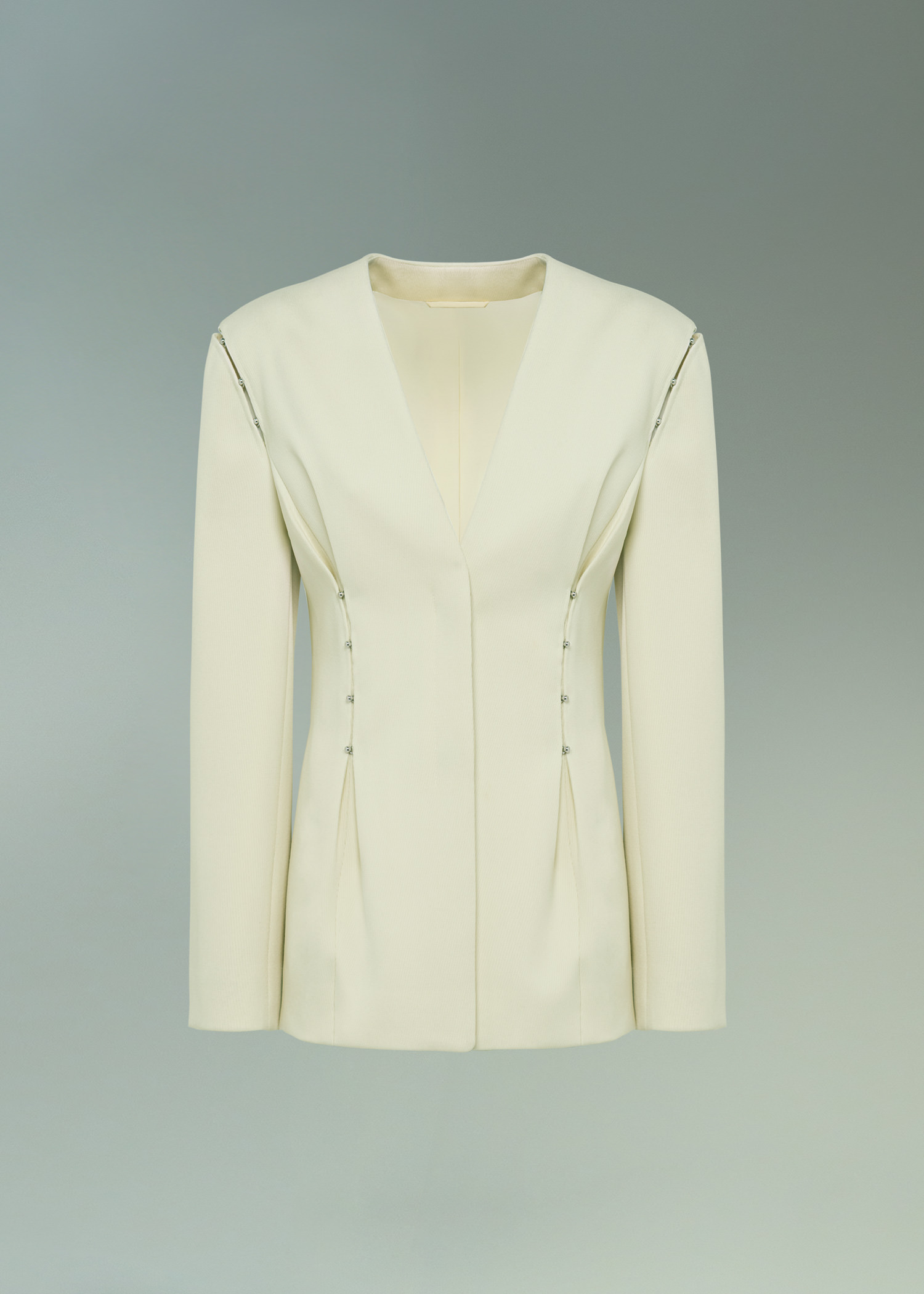 DEL CORE: TAILORED V-NECK JACKET WITH MUSHROOM HOOKS