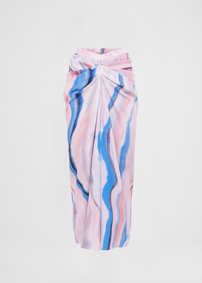 DEL CORE: GONNA TUBINO DRAPPEGGIATA IN ENVER SATIN STAMPATO
