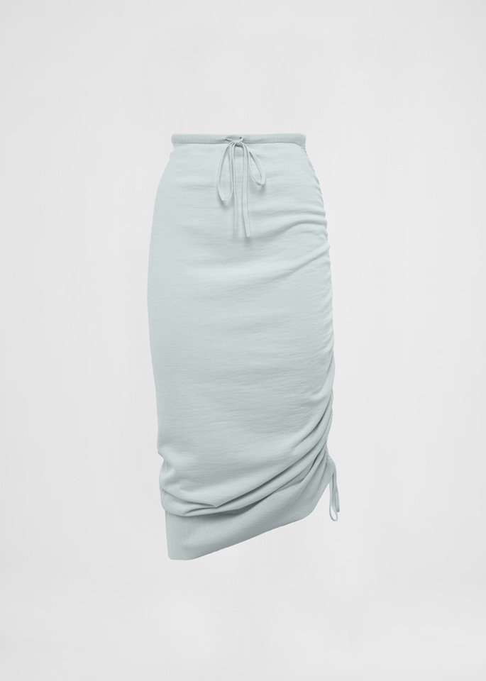 DEL CORE: MID LENGTH SKIRT WITH RUSHING ADJUSTABLE PULL DETAIL SIDE BODY.