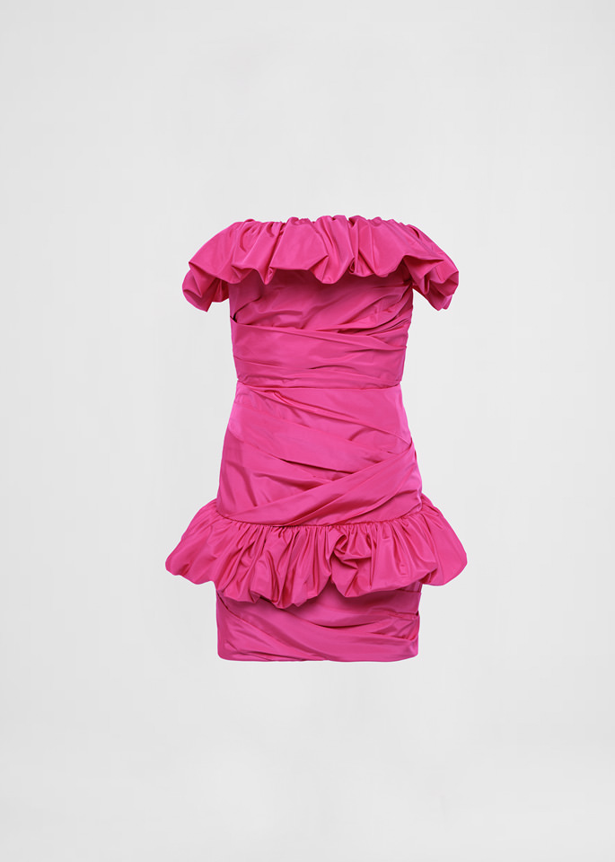 DEL CORE: MINI ABITO A BUSTIER IN TAFFETA CON DETTAGLI ROUCHES
