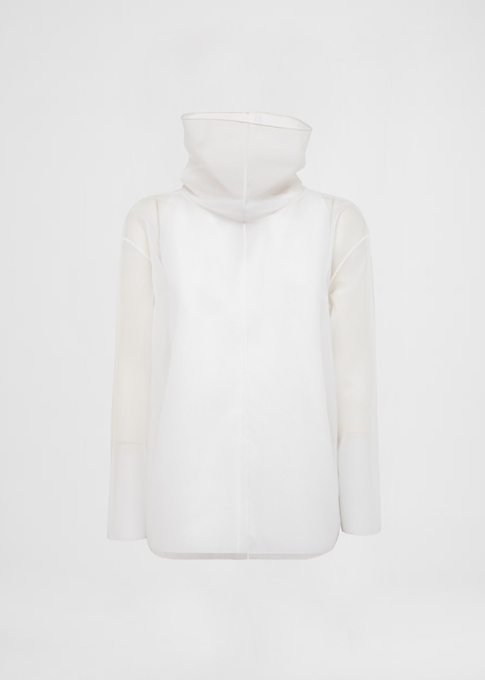 DEL CORE: TOP A MANICA LUNGA E COLLO ALTO IN NYLON ORGANZA