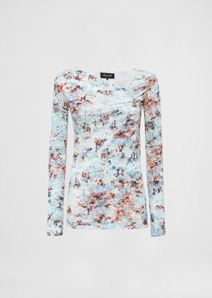DEL CORE: TOP ARRICCIATO A MANICHE LUNGHE CON SCOLLATURA ASSIMETRICA IN CREPE JERSEY STAMPATO