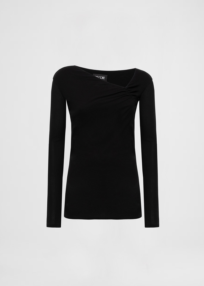 DEL CORE: TOP ARRICCIATO IN CREPE JERSEY A MANICHE LUNGHE CON SCOLLATURA ASSIMETRICA