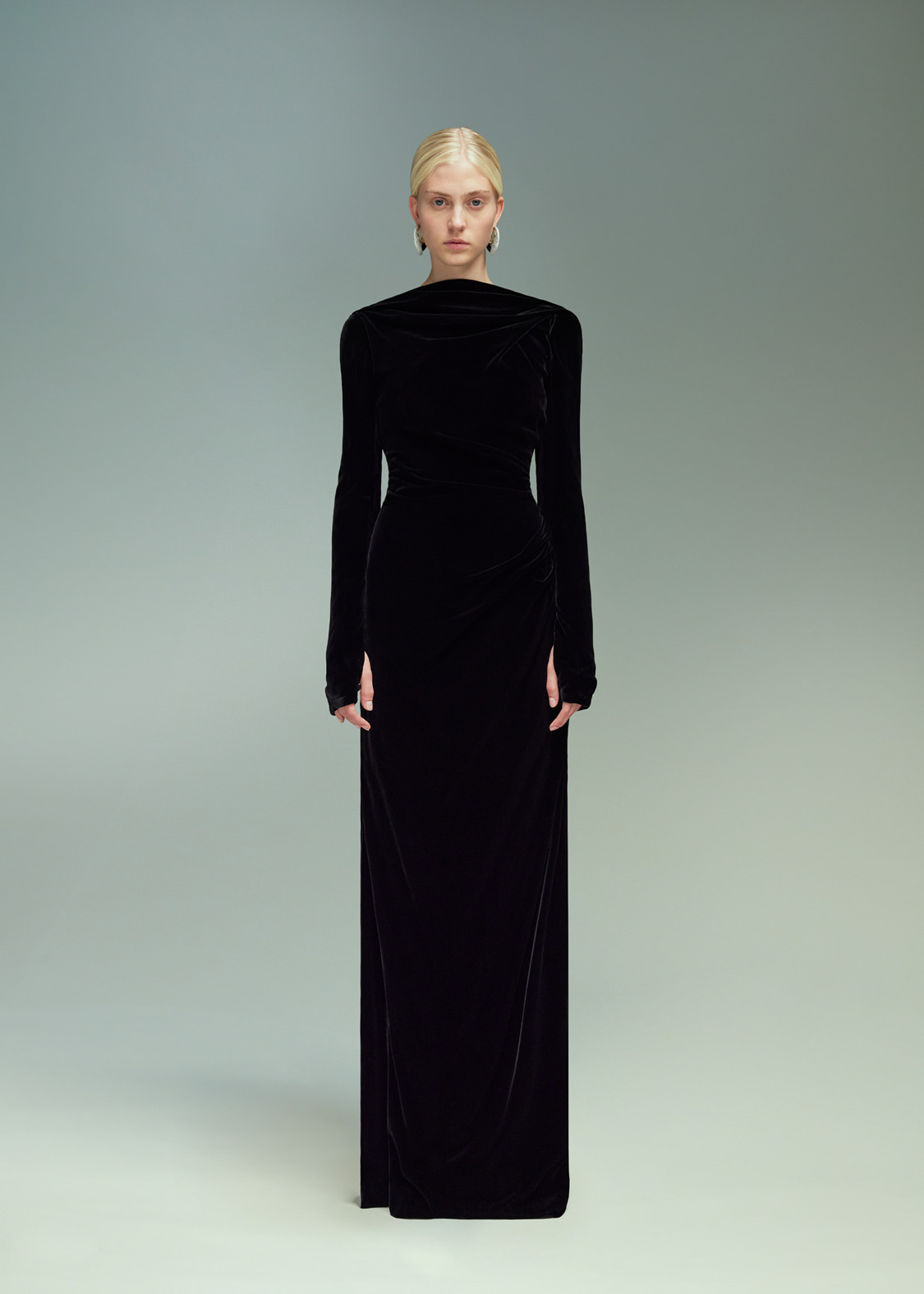 DEL CORE DRAPED GOWN WITH OPEN BACK AND BOTTOM VENT