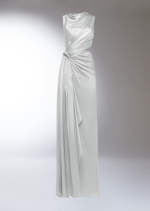 DEL CORE: SLEEVELESS LONG DRAPED PANEL GOWN