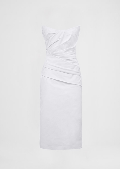 DEL CORE DRAPED BUSTIER MIDI DRESS WITH SHARP NECKLINE