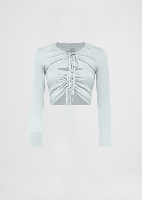DEL CORE: CROPPED CARDIGAN GIROCOLLO A MANICA LUNGA CON DETTAGLIO COULISSE SUL COLLO