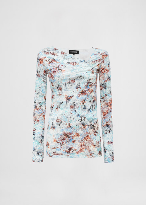 DEL CORE: TOP ARRICCIATO A MANICHE LUNGHE CON SCOLLATURA ASSIMETRICA IN CREPE JERSEY STAMPATO