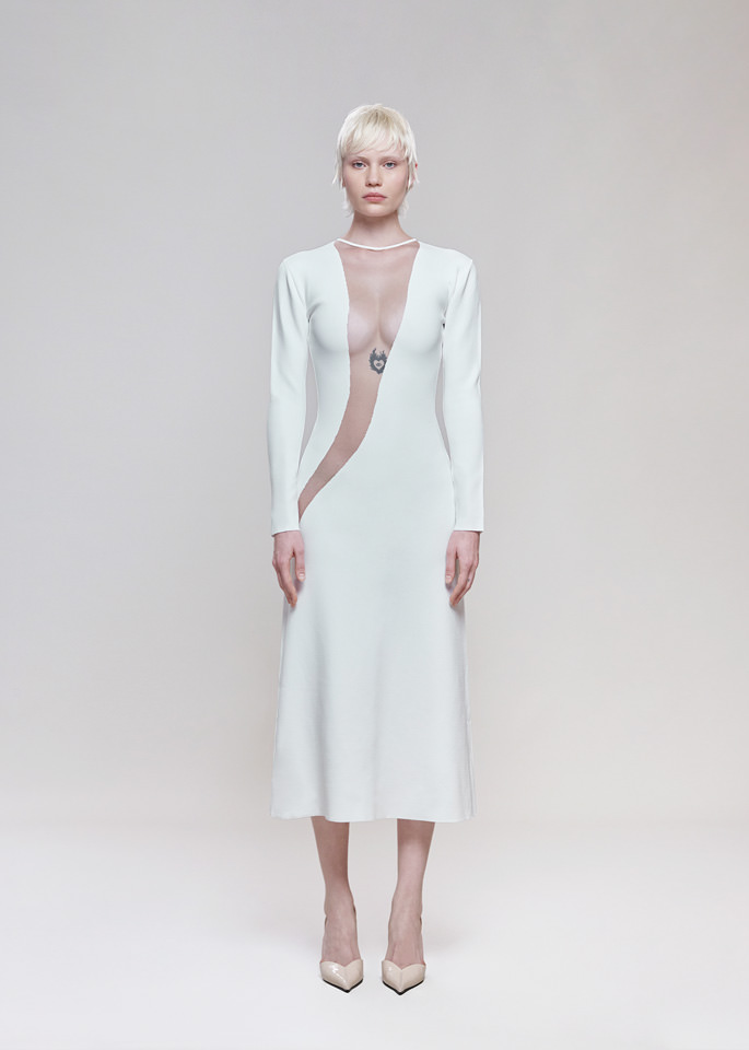 DEL CORE: LONG SLEEVE NEOPRENE MIDI DRESS WITH MESH WAVE INSERTINSERT