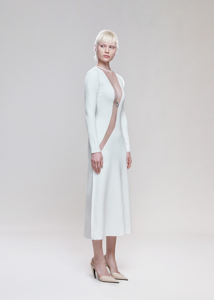 DEL CORE: LONG SLEEVE NEOPRENE MIDI DRESS WITH MESH WAVE INSERTINSERT