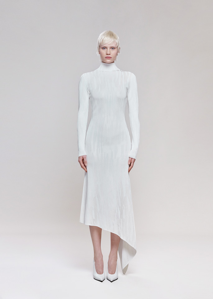 DEL CORE: LONG SLEEVE VISCOSE JACQUARDASYMMETRICAL KNIT DRESS
