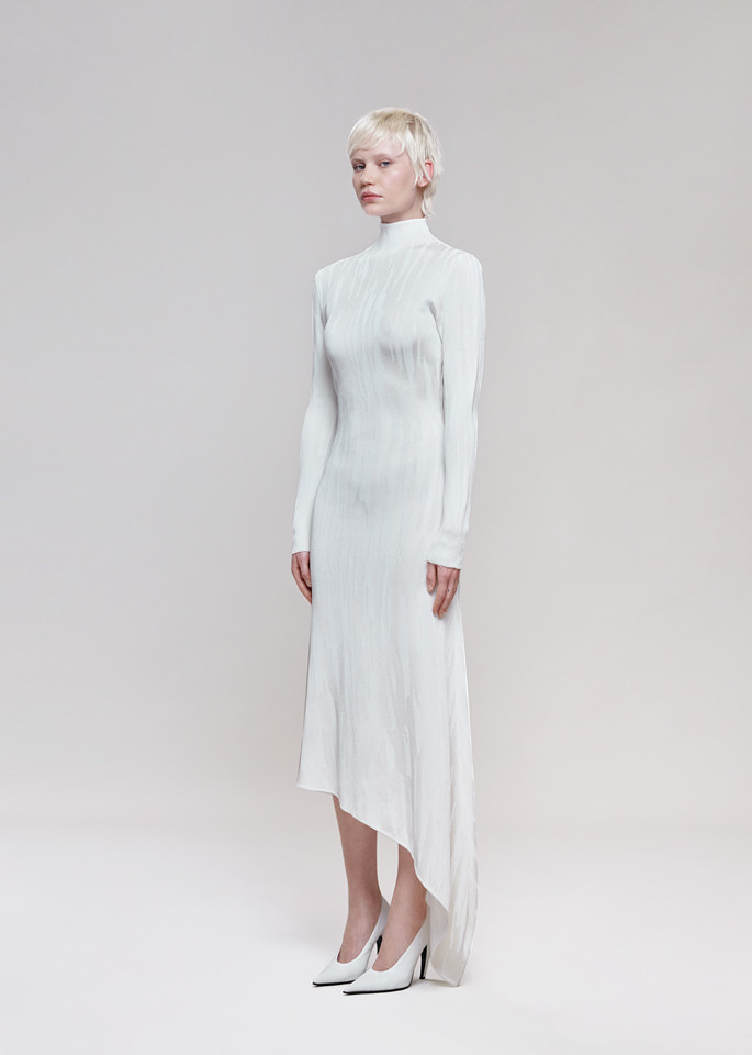 DEL CORE: LONG SLEEVE VISCOSE JACQUARDASYMMETRICAL KNIT DRESS