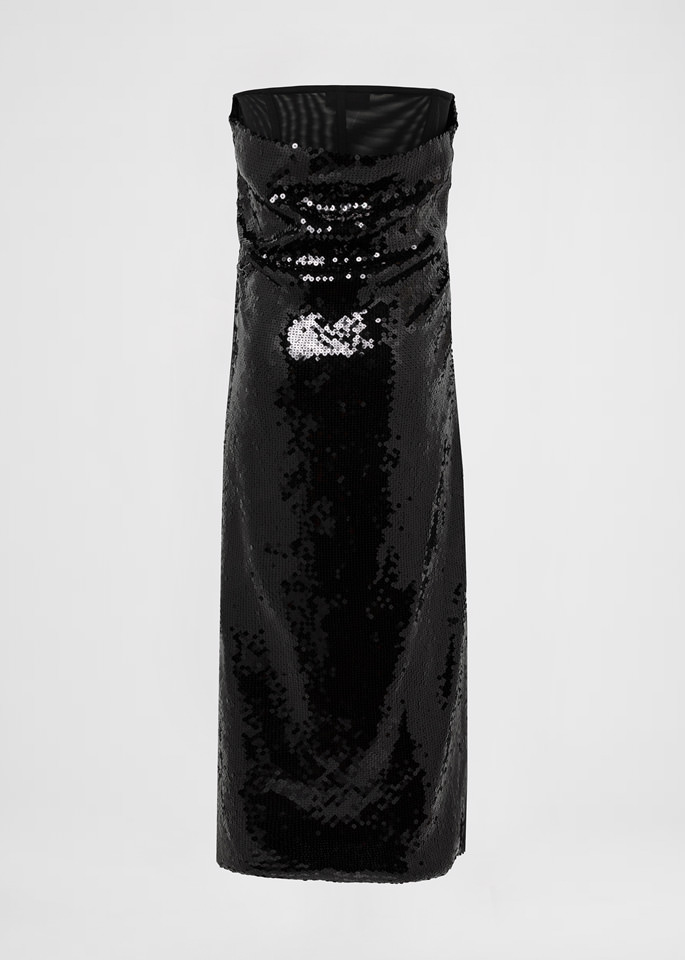 DEL CORE: BUSTIER DRAPED SEQUIN DRESS WITHTOPSTITCH CORSET AND SPLIT ON THE SIDE