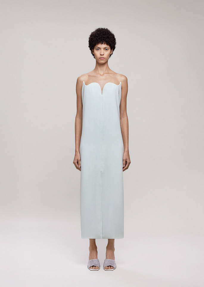 DEL CORE: ABITO BUSTIER MIDI CON DRAPPEGGIO SU SCHIENA APERTA