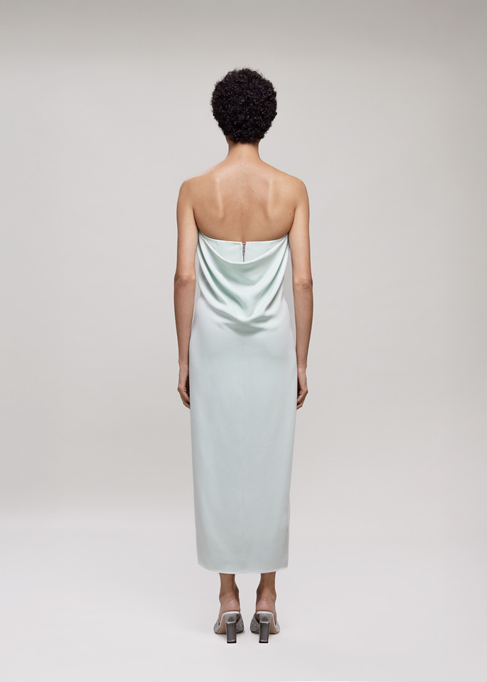 DEL CORE: ABITO BUSTIER MIDI CON DRAPPEGGIO SU SCHIENA APERTA