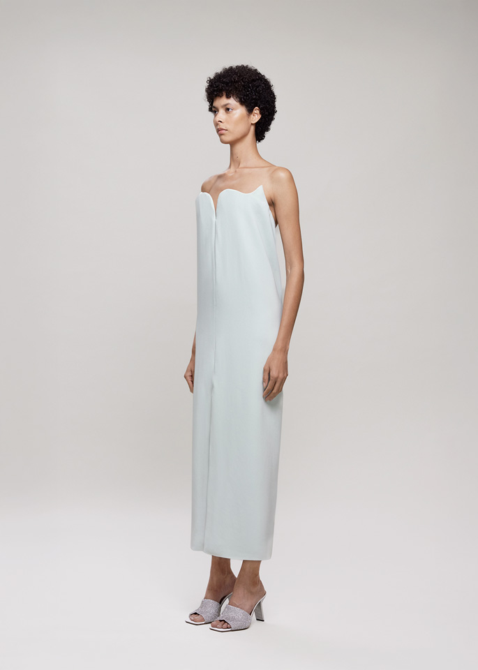 DEL CORE: SCULPTED BUSTIER MIDI DRESS WITH DRAPED OPEN BACK