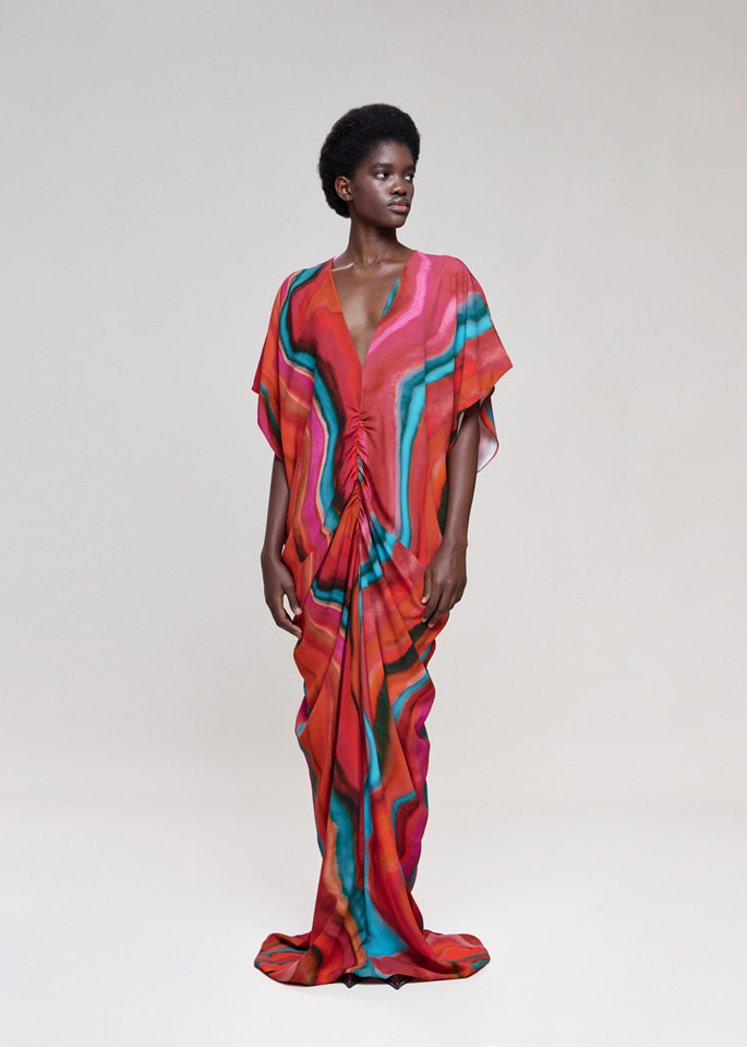 DEL CORE: V NECK KAFTAN PRINTED CREPE SATIN DRESS WITH GATHERED DETAIL