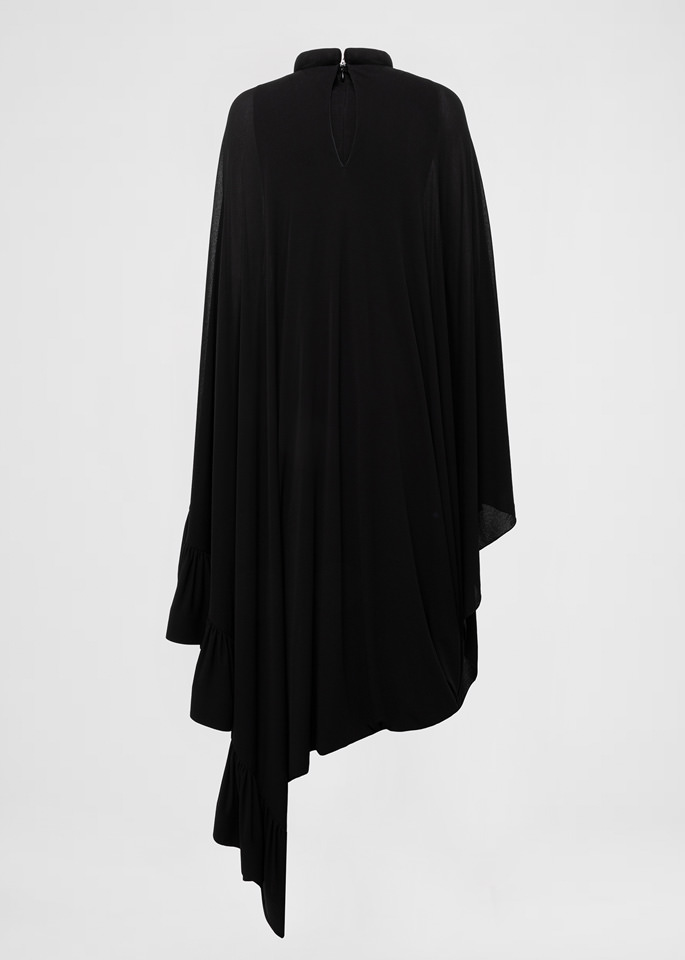 DEL CORE: CAPE DRAPED JERSEY CREPE DRESS WITHASYMMETRICAL SPLIT AND RUFFLES