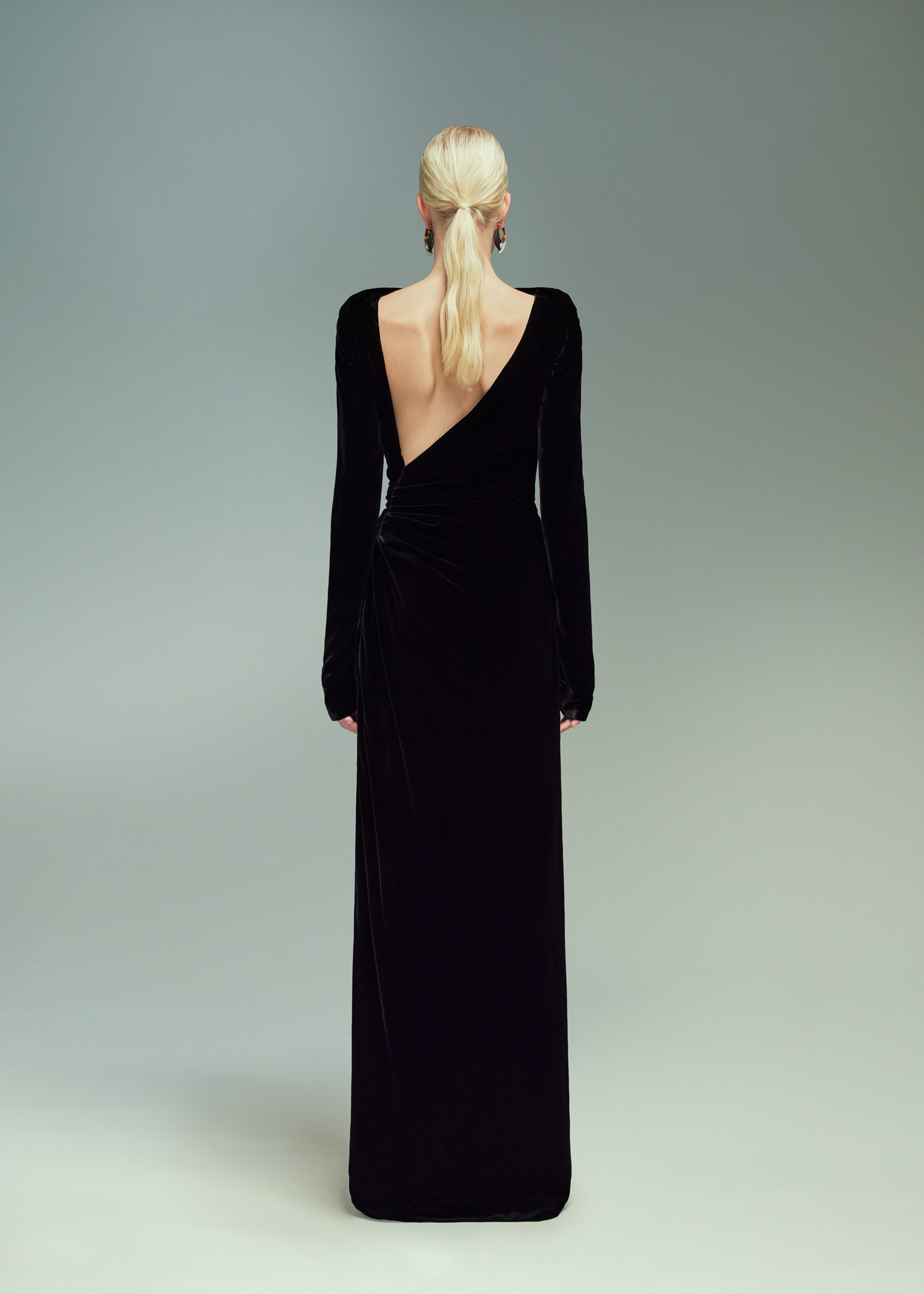DEL CORE: DRAPED GOWN WITH OPEN BACK AND BOTTOM VENT