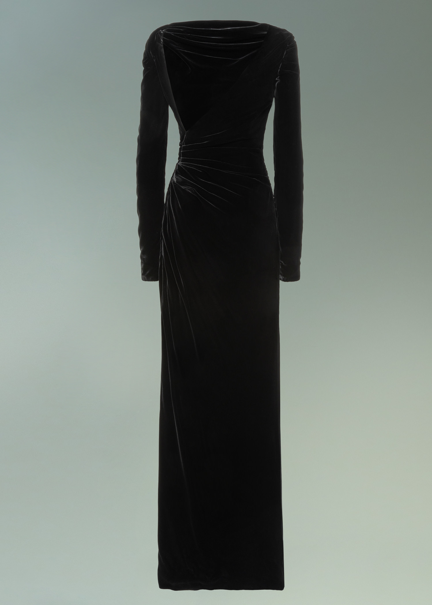 DEL CORE: DRAPED GOWN WITH OPEN BACK AND BOTTOM VENT