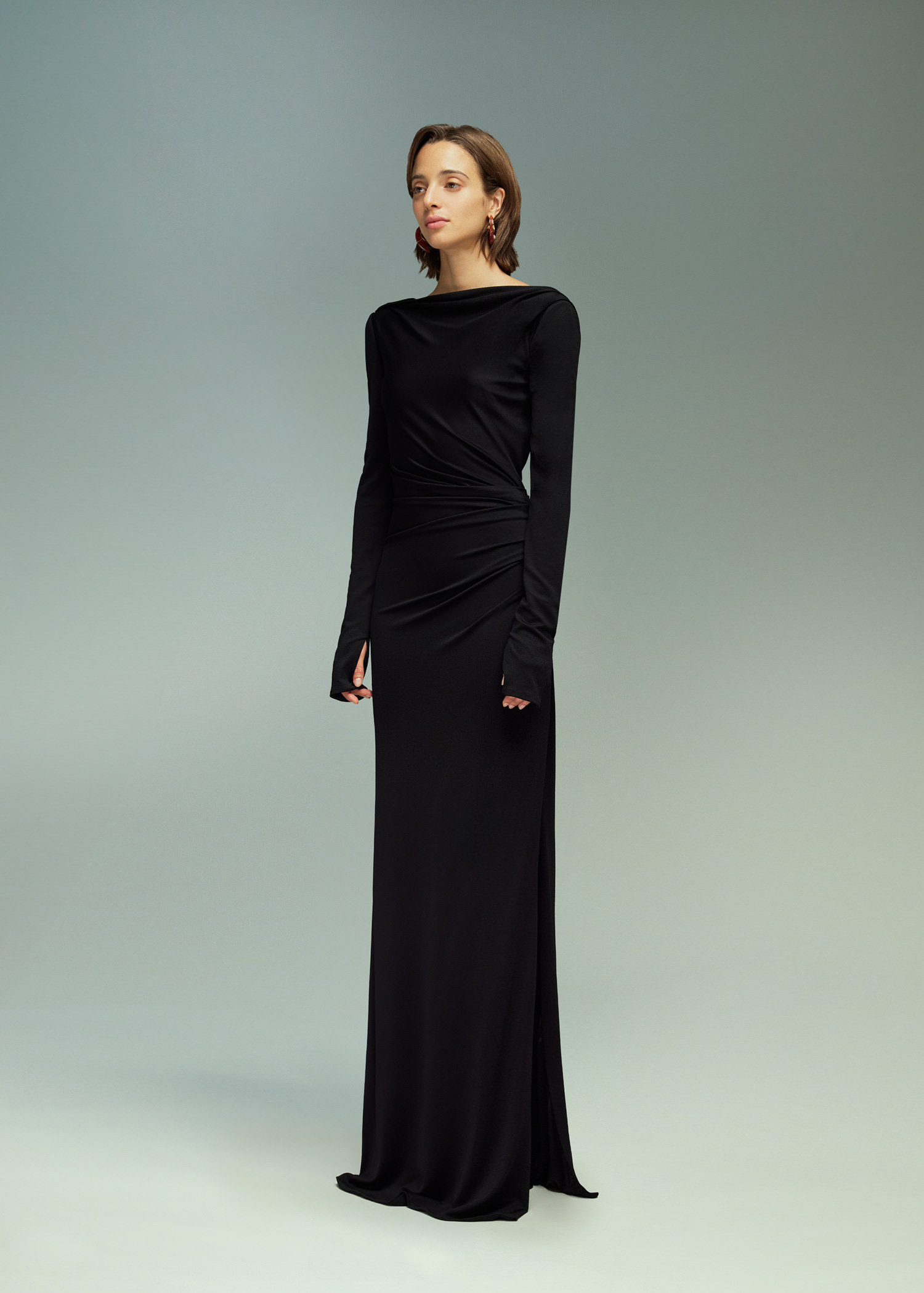 DEL CORE: DRAPED GOWN WITH OPEN BACK AND BOTTOM VENT