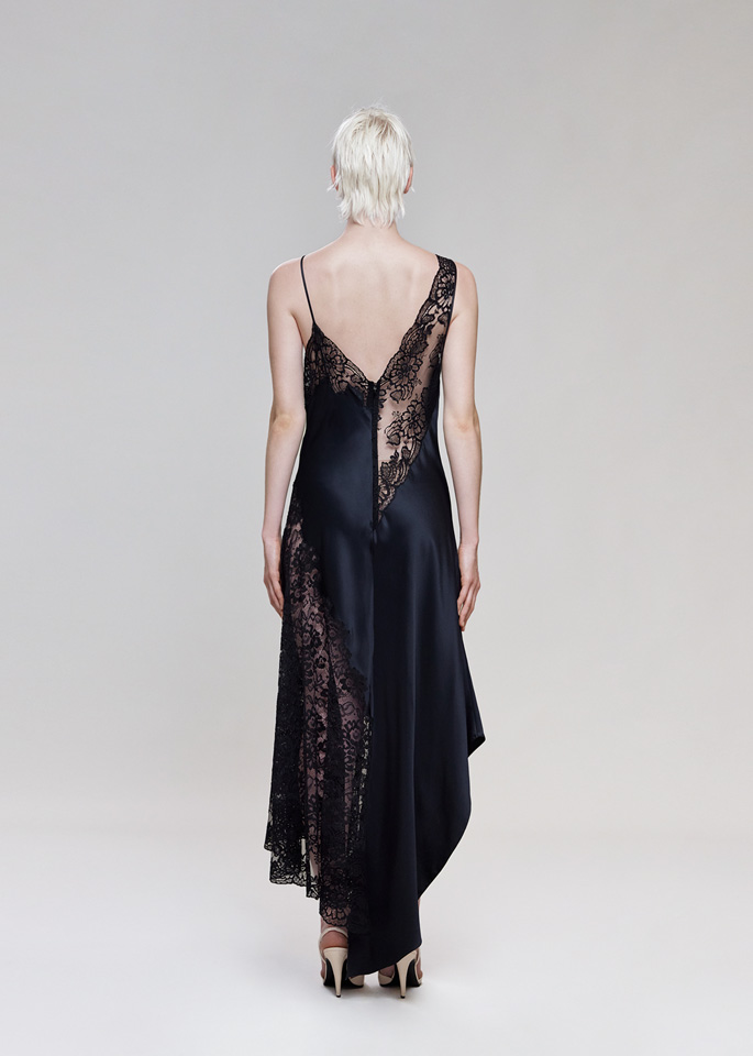 DEL CORE: ASYMMETRICAL SLIP DRESS IN ENVERS SATIN WITH LACE INSERTS