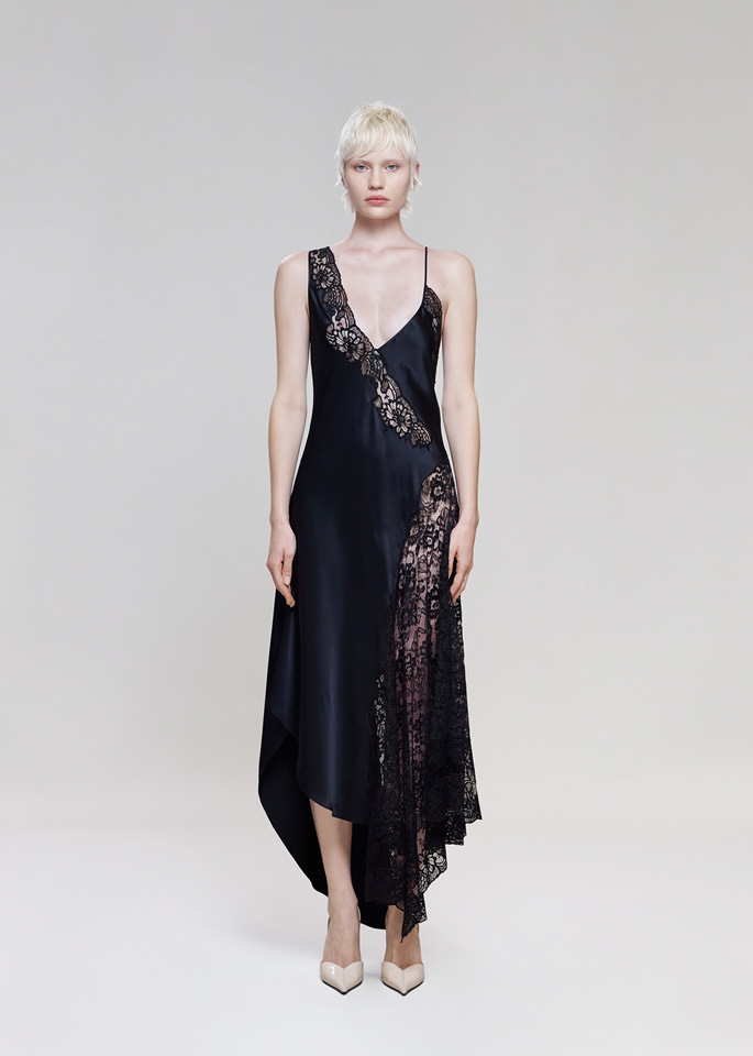 DEL CORE: ASYMMETRICAL SLIP DRESS IN ENVERS SATIN WITH LACE INSERTS