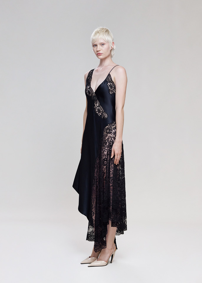 DEL CORE: ASYMMETRICAL SLIP DRESS IN ENVERS SATIN WITH LACE INSERTS