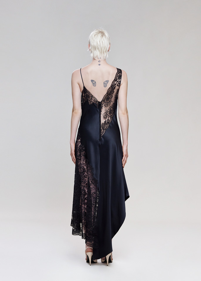 DEL CORE: ASYMMETRICAL SLIP DRESS IN ENVERS SATIN WITH LACE INSERTS