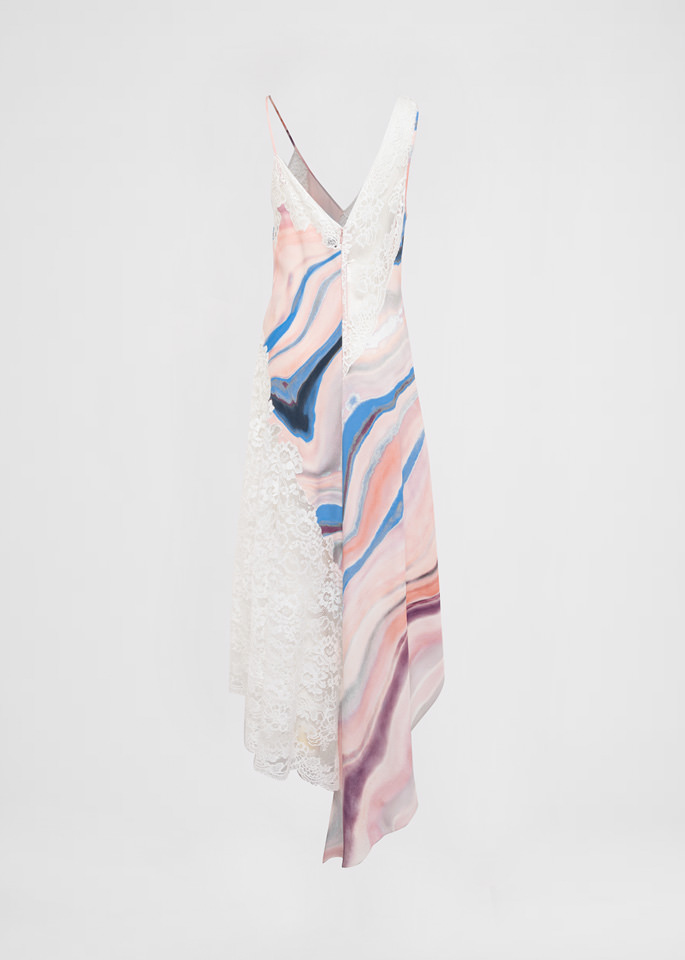 DEL CORE: ABITO LINGERIE ASIMMETRICO IN ENVERS SATIN STAMPATO CON INSERTI IN PIZZO