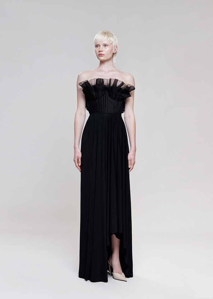 DEL CORE: STRAPLESS TAFFETTA GOWN WITH RUFFLE DETAILS