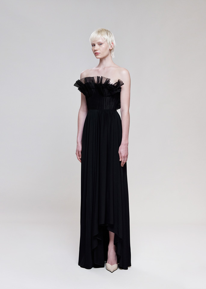 DEL CORE: STRAPLESS TAFFETTA GOWN WITH RUFFLE DETAILS