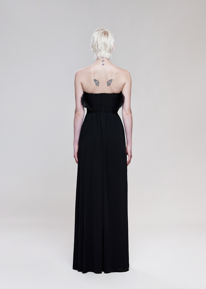 DEL CORE: STRAPLESS TAFFETTA GOWN WITH RUFFLE DETAILS