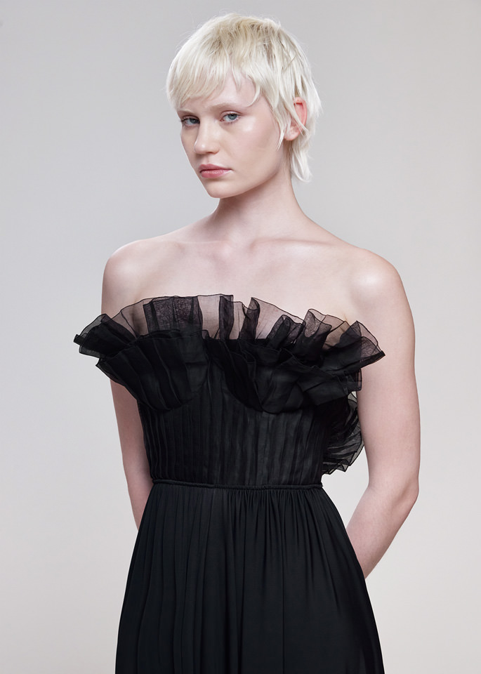 DEL CORE: STRAPLESS TAFFETTA GOWN WITH RUFFLE DETAILS