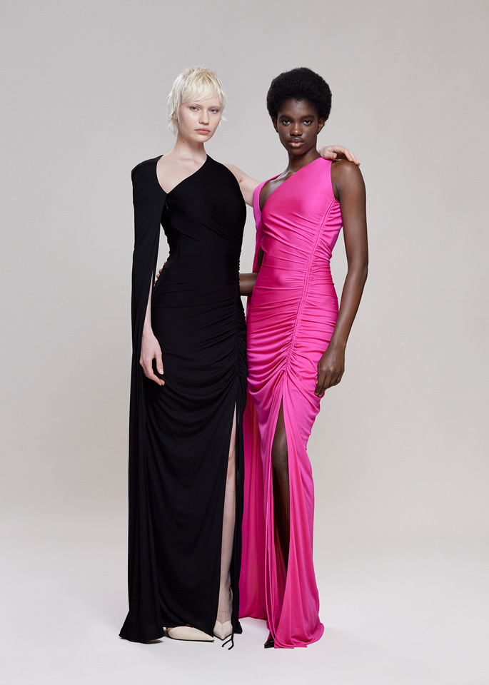 DEL CORE: LONG ONE SHOULDER ROUCHED VISCOSE JERSEY GOWN