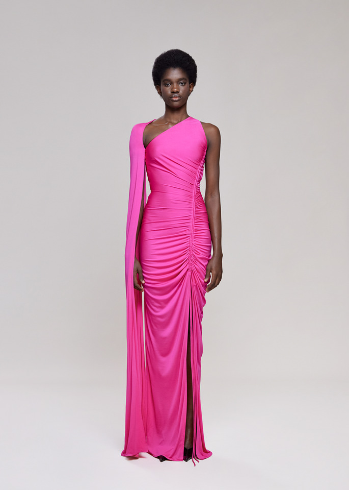 DEL CORE: LONG ONE SHOULDER ROUCHED VISCOSE JERSEY GOWN