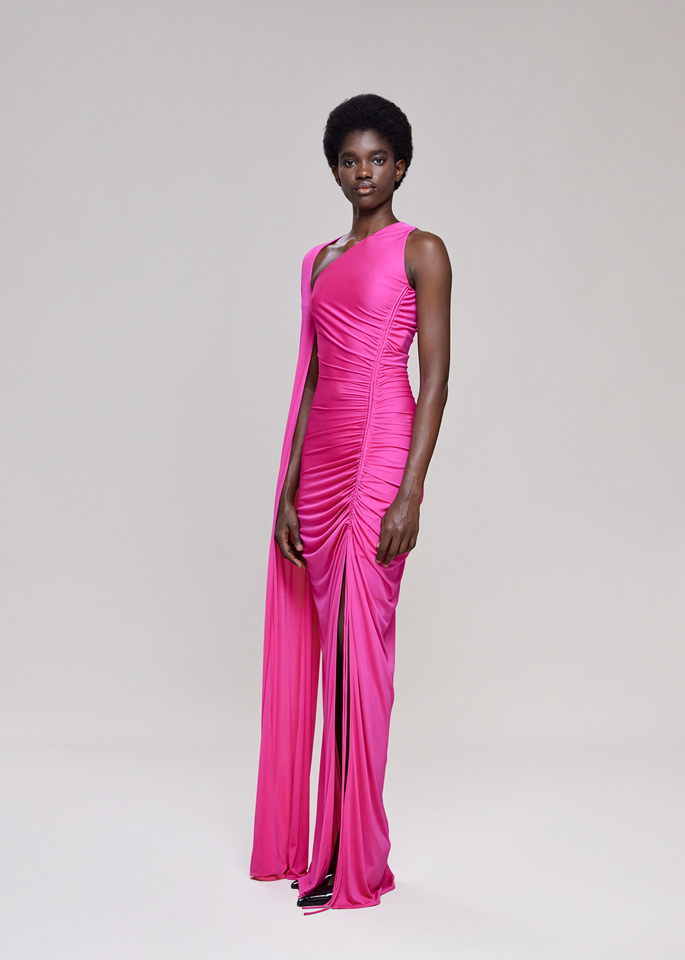 DEL CORE: LONG ONE SHOULDER ROUCHED VISCOSE JERSEY GOWN