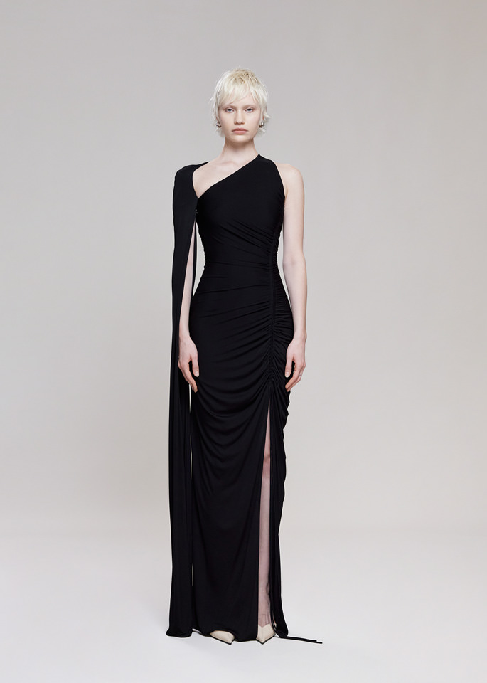 DEL CORE: ABITO LUNGO MONOSPALLA DRAPEGGIATO IN VISCOSE JERSEY