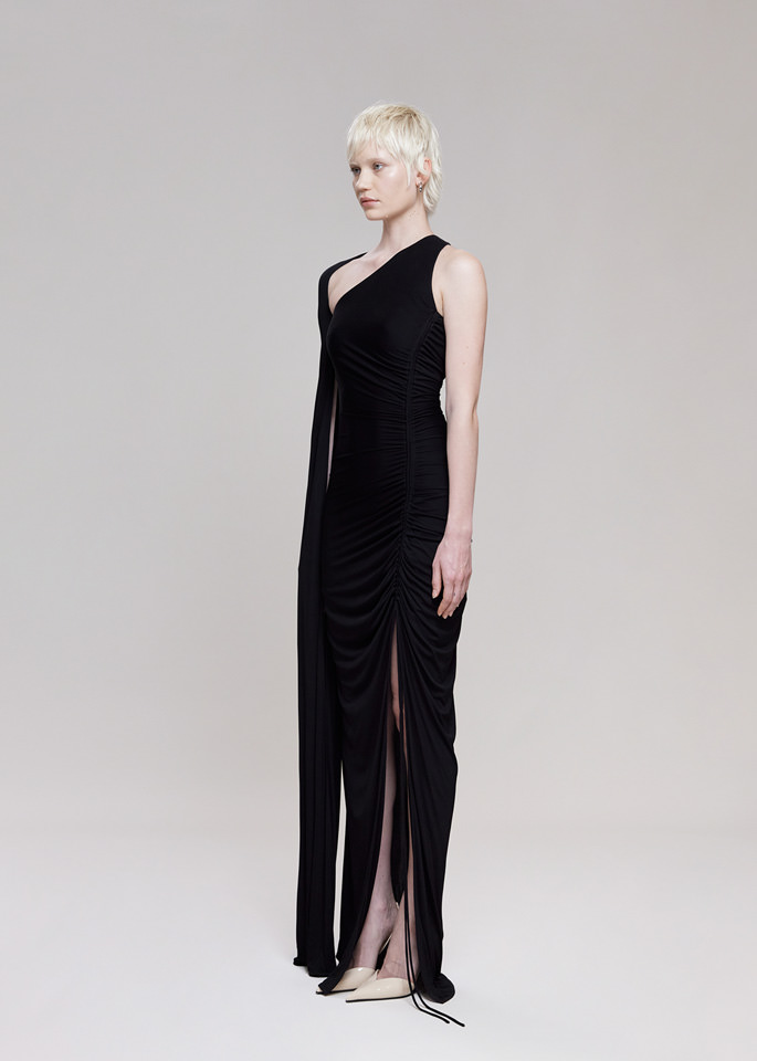DEL CORE: ABITO LUNGO MONOSPALLA DRAPEGGIATO IN VISCOSE JERSEY